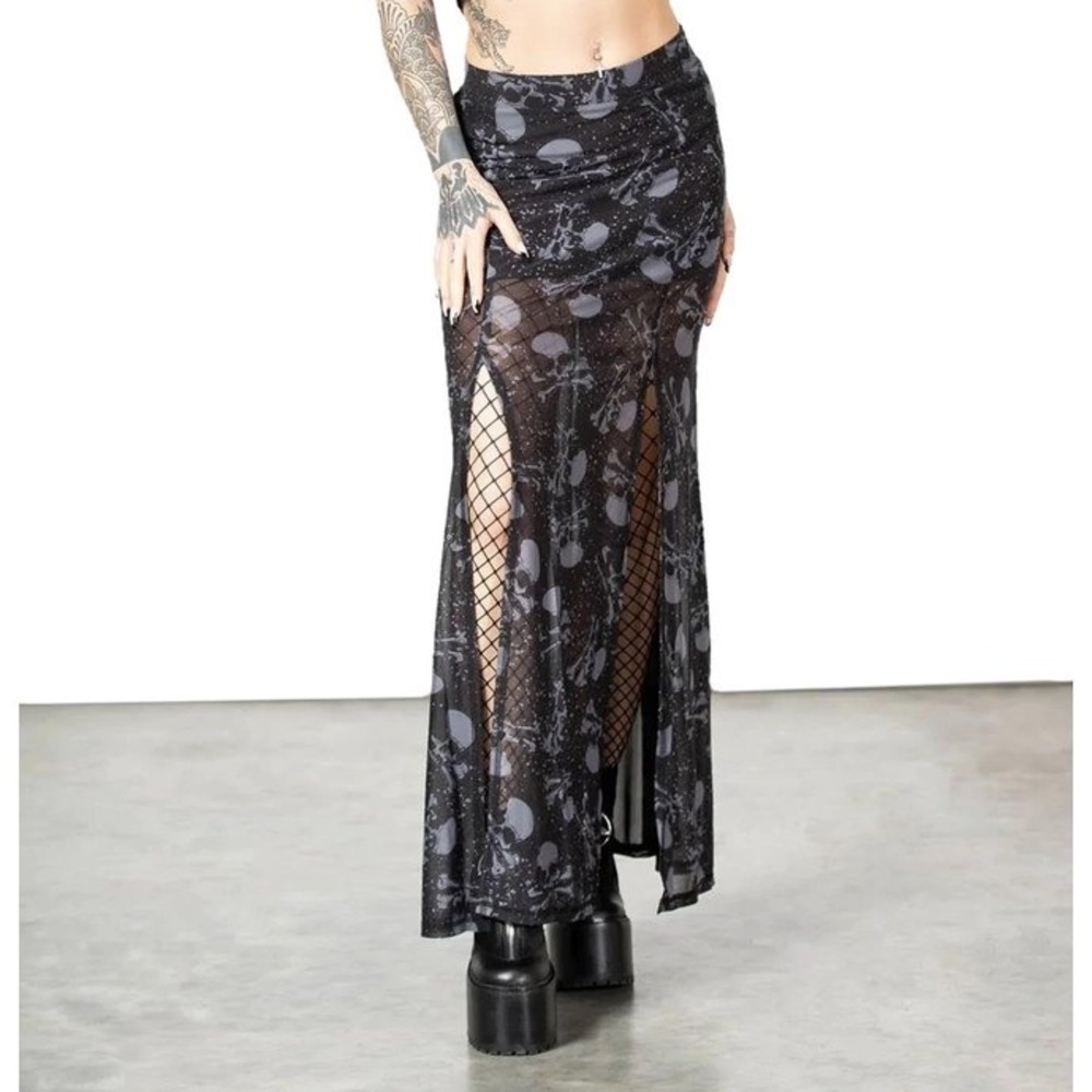Killstar Wax Work Maxi Skirt Black Skull Mesh Gothic High Waist Twin Slit Skirt